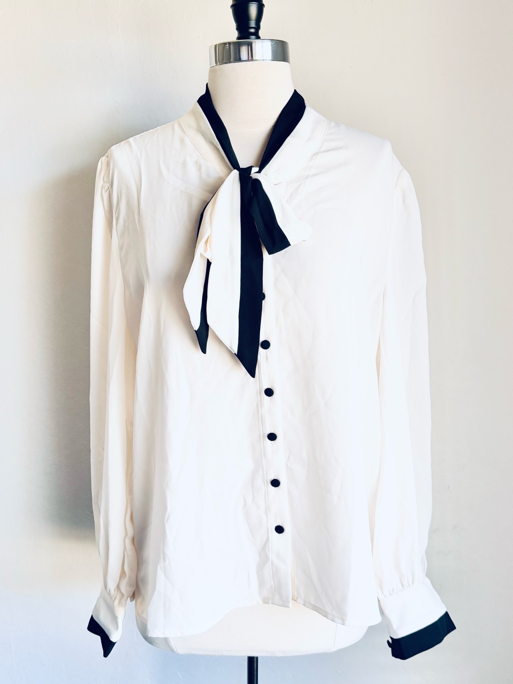 Dennis Basso Two Tone Button Front Tie Neck Blouse
